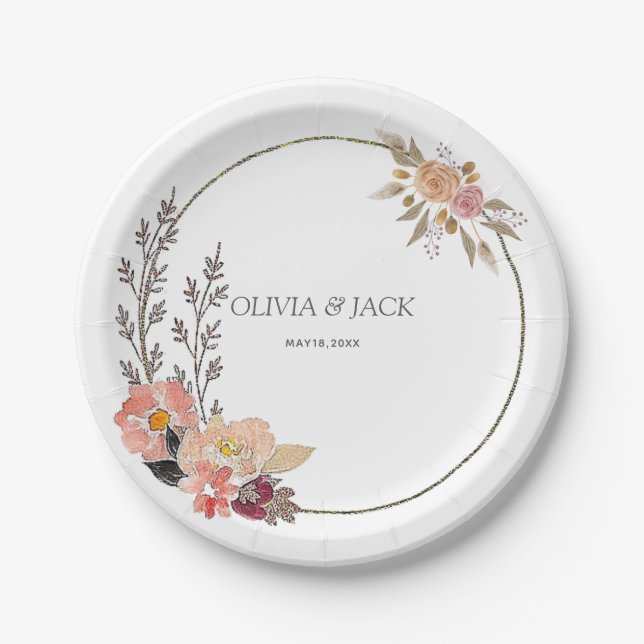 Elegant Floral Wedding Paper Plate (Front)