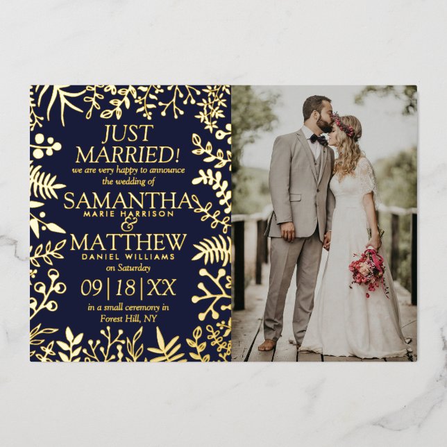 Elegant Floral Wedding Photo Announcement Card (Front)