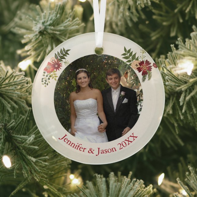 Elegant Floral Wedding Photo Keepsake Christmas Glass Tree Decoration (Insitu)