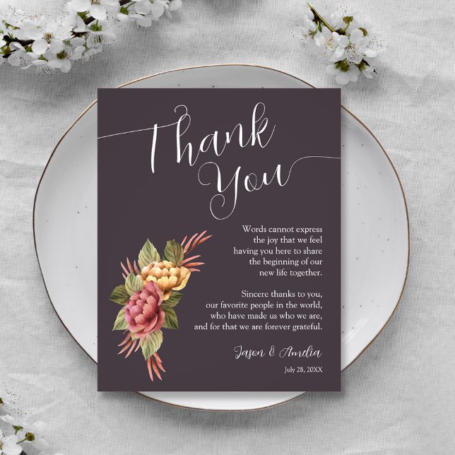 Elegant Floral Wedding Plate Thank You (Terracotta Floral Wedding Reception Plate Thank You Cards)