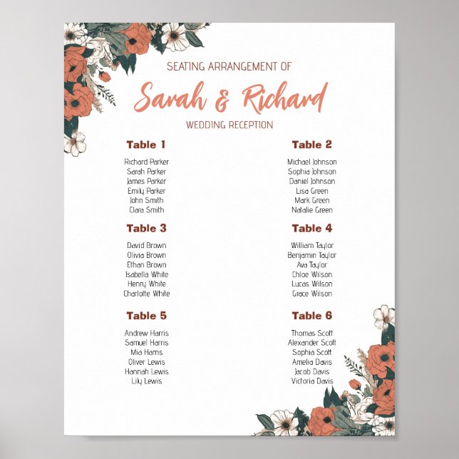 Elegant Floral Wedding Reception Seating Chart  (Front)