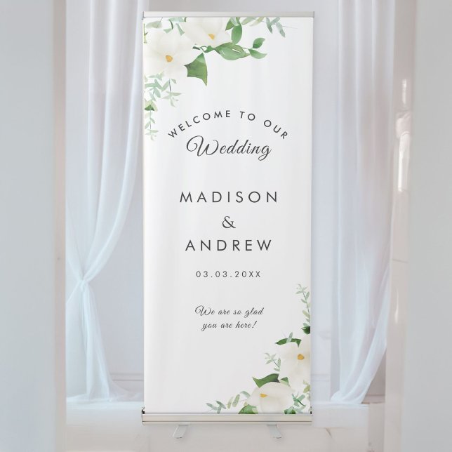 Elegant  Floral Wedding Retractable Banner (Elegant Floral Wedding Retractable Banner, Floral, White Flowers & Greenery with your names and date)