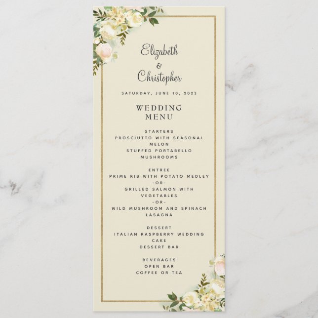 Elegant Floral Wedding Rose Gold Frame Eggshell Menu (Front)