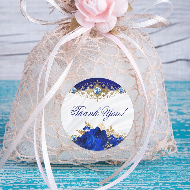 Elegant Floral Wedding Royal Blue Thank You Classic Round Sticker (Creator Uploaded)