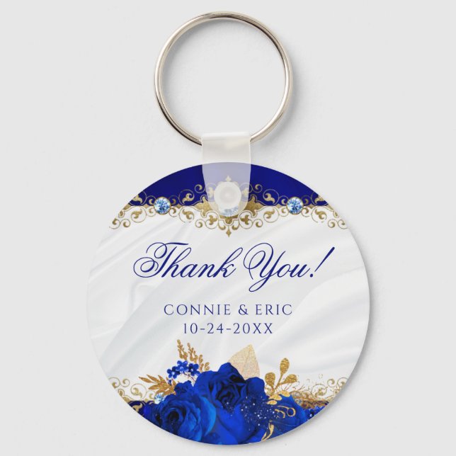 Elegant Floral Wedding Royal Blue Thank You Favour Key Ring (Front)