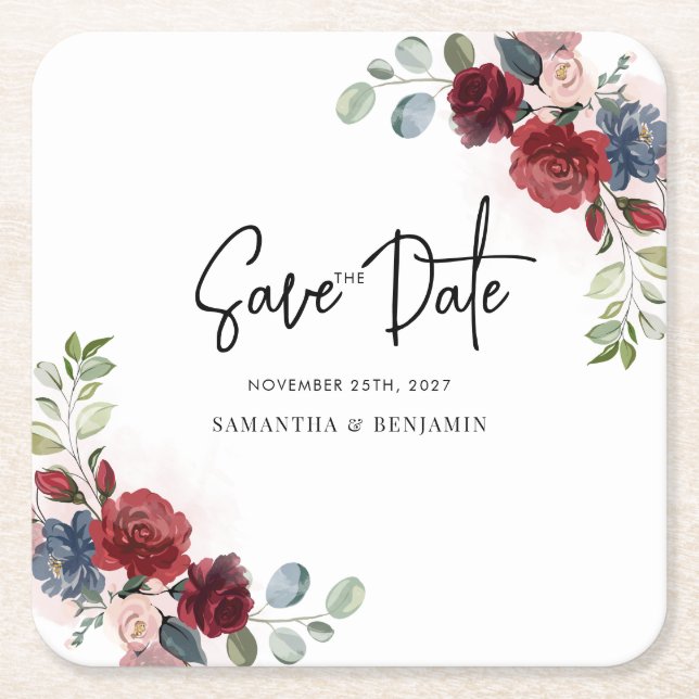 Elegant Floral Wedding Save The Date Square Paper Coaster (Front)