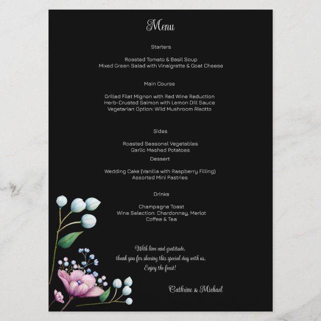 Elegant Floral Wedding Soft Botanical Romance Menu (Front)