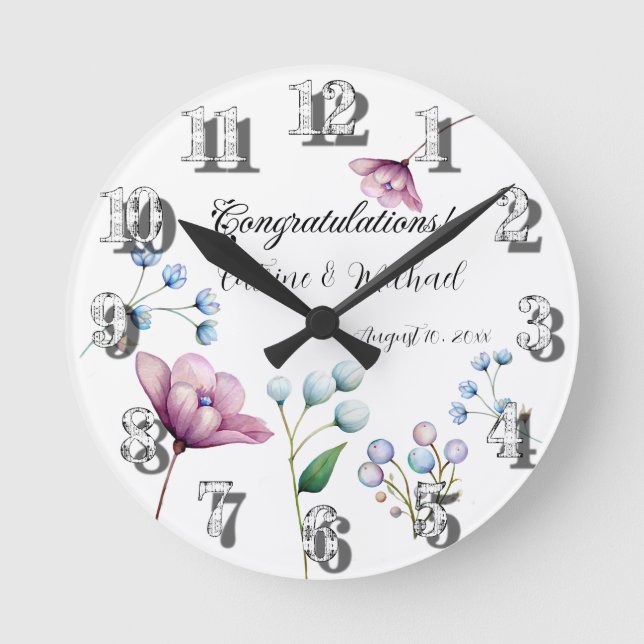 Elegant Floral Wedding Soft Botanical Romance Round Clock (Front)