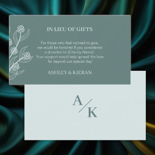 Elegant Floral Wedding Teal In Lieu of Gifts , Enclosure Card