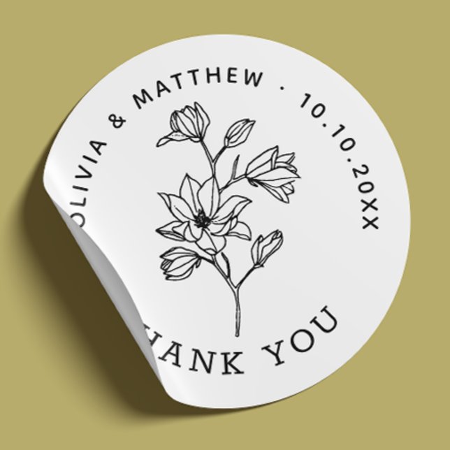 Elegant Floral Wedding Thank You. Minimalist Clean Classic Round Sticker (Creator Uploaded)