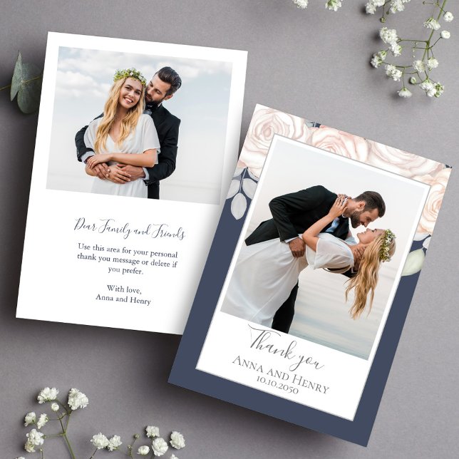 Elegant Floral Wedding Thank You Slate Blue Simple Card (Elegant wedding thank you card with couple photo and blush watercolor floral design.)