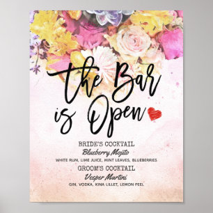 Elegant Floral Wedding The Bar is Open Drink Menu Poster