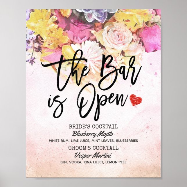Elegant Floral Wedding The Bar is Open Drink Menu Poster (Front)