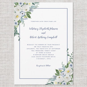 Elegant Floral Wedding Watercolor White Blue Chic Invitation