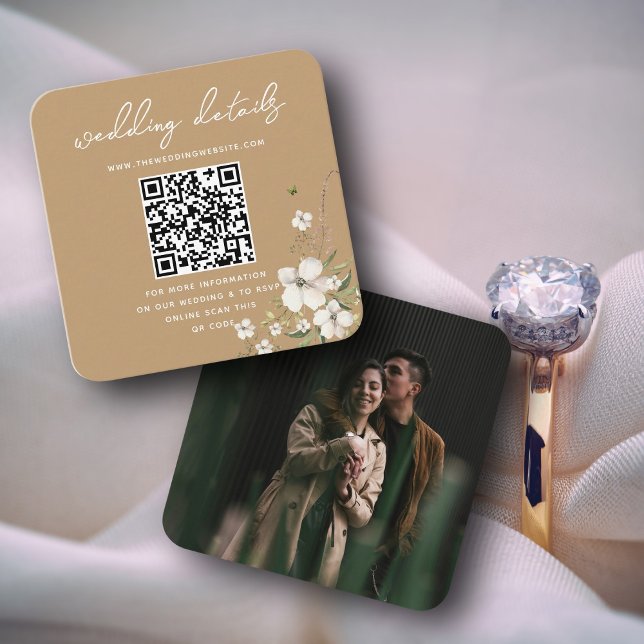 Elegant Floral Wedding Website QR code Photo RSVP Enclosure Card (Creator Uploaded)