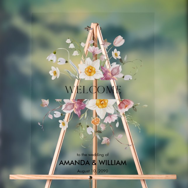  Elegant Floral Wedding Welcome  Acrylic Sign (Neutral)