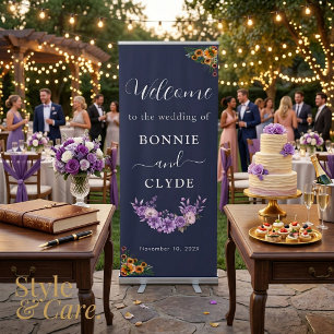 Elegant Floral Wedding Welcome Navy Blue Retractable Banner