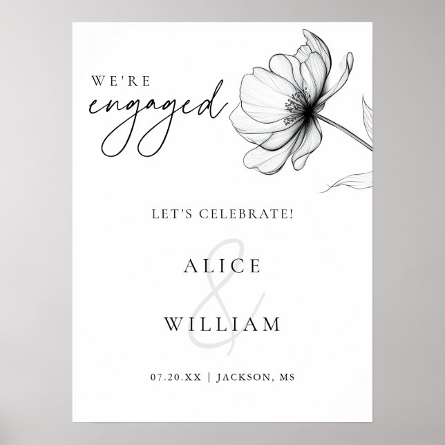 Elegant Floral We're Engaged Engagement Party Sign (Front)
