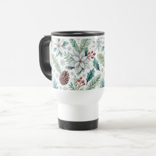 Elegant Floral White and Green Watercolor Christma Travel Mug