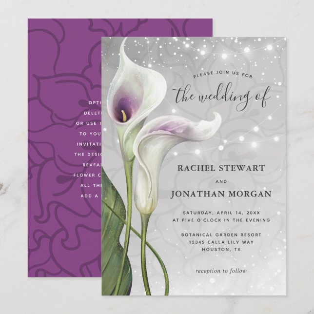 Elegant Floral White and Purple Calla Lily Wedding Invitation (Front/Back)