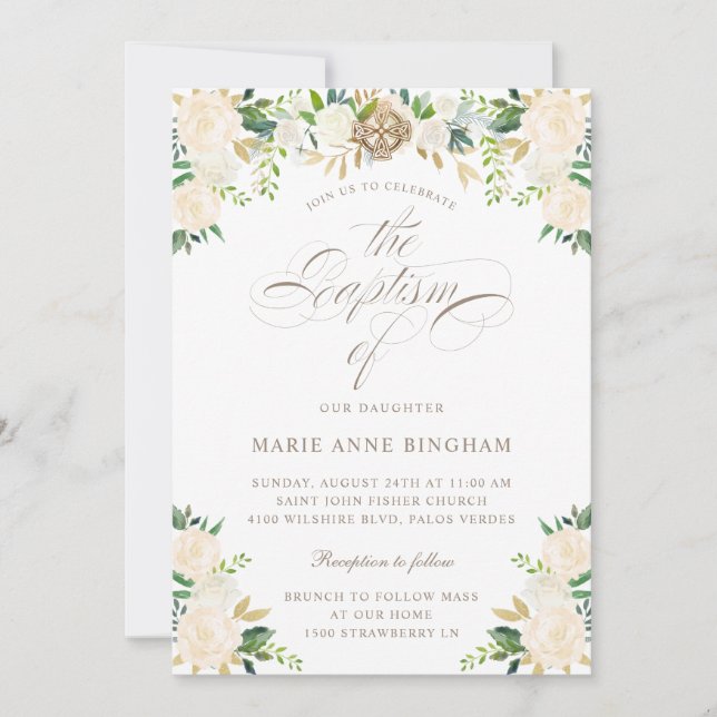 Elegant Floral White Beige Calligraphy Baptism Invitation (Front)