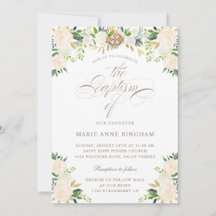 Elegant Floral White Beige Calligraphy Baptism Invitation