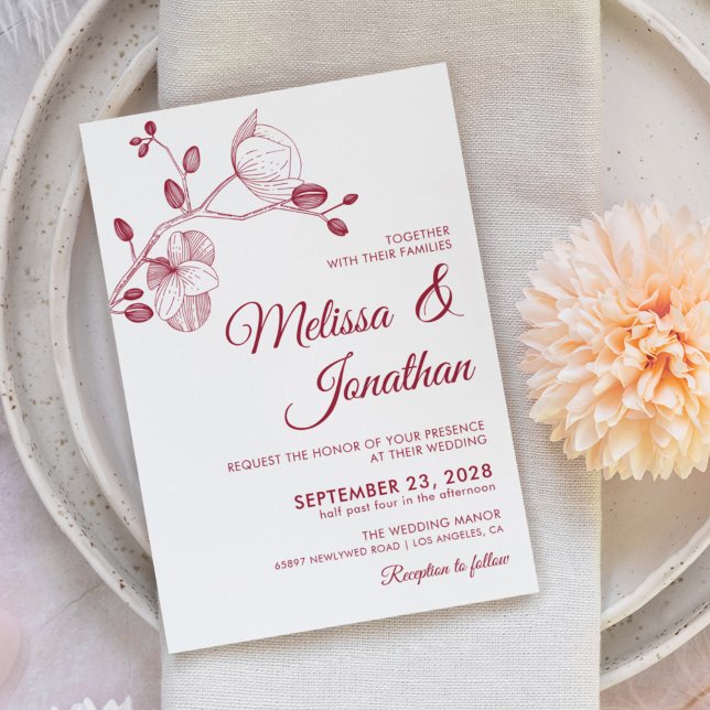 Elegant floral white crimson red orchids wedding invitation (Creator Uploaded)