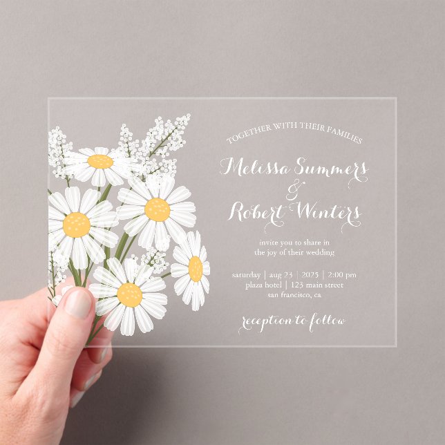 Elegant Floral White Daisies Bouquet Wedding Acrylic Invitations (Insitu (Handheld))