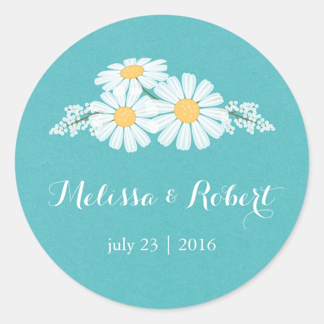 Elegant Floral White Daisies Bouquet Wedding Classic Round Sticker (Front)
