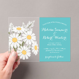 Elegant Floral White Daisies Bouquet Wedding Teal Acrylic Invitations