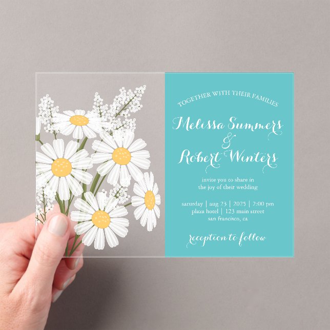 Elegant Floral White Daisies Bouquet Wedding Teal Acrylic Invitations (Insitu (Handheld))