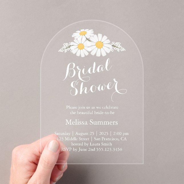 Elegant Floral White Daisies Bridal Shower Acrylic Invitations (Insitu (Handheld))