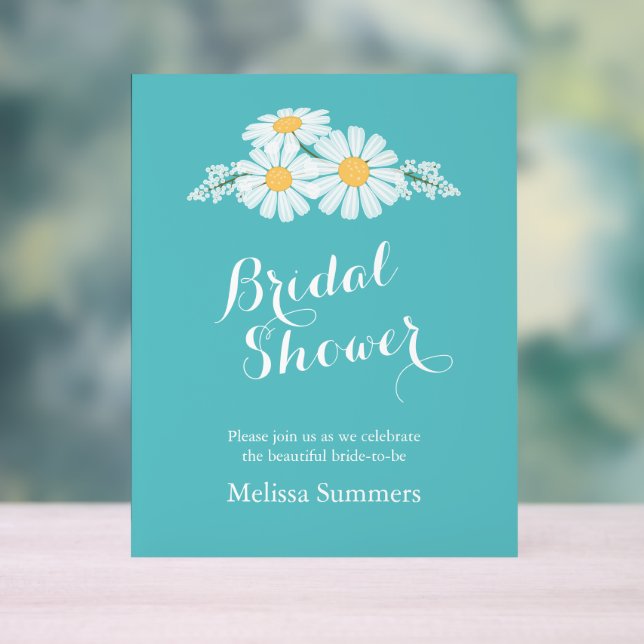 Elegant Floral White Daisies Bridal Shower Teal Acrylic Sign (Neutral)