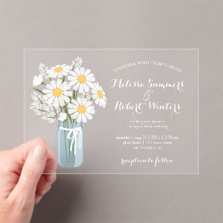 Elegant Floral White Daisies Mason Jar Wedding Acrylic Invitations