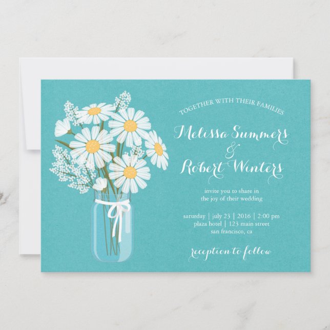 Elegant Floral White Daisies Mason Jar Wedding Invitation (Front)
