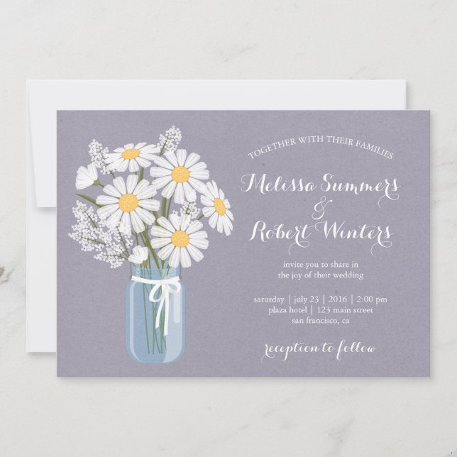 Elegant Floral White Daisies Mason Jar Wedding Invitation (Front)
