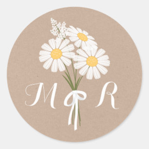 Elegant Floral White Daisies Monogram Wedding Classic Round Sticker