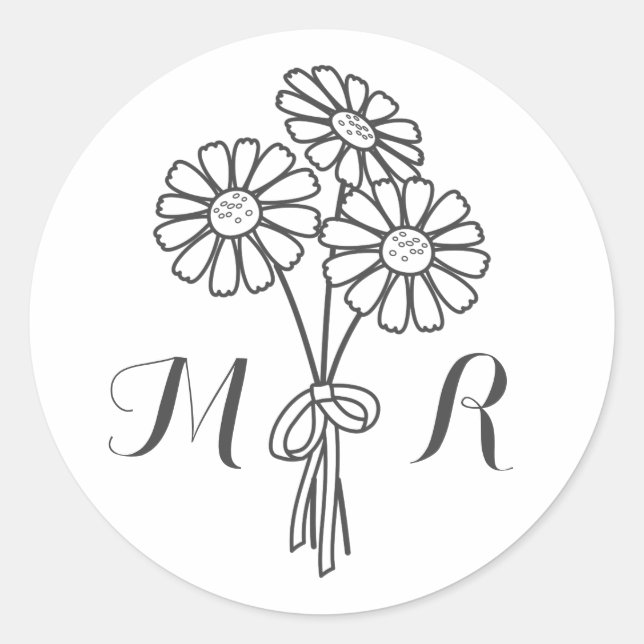 Elegant Floral White Daisies Monogram Wedding Classic Round Sticker (Front)