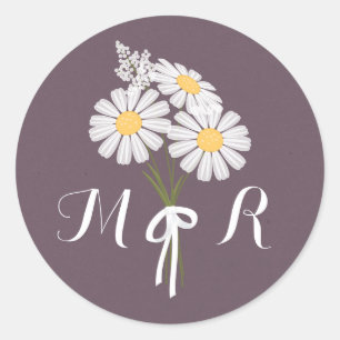 Elegant Floral White Daisies Monogram Wedding Classic Round Sticker