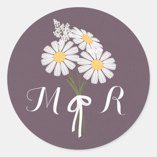Elegant Floral White Daisies Monogram Wedding Classic Round Sticker (Front)