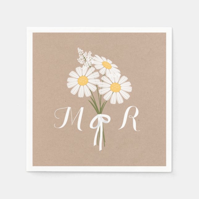 Elegant Floral White Daisies Monogram Wedding Napkin (Front)