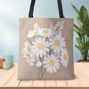 Elegant Floral White Daisies on Beige Tote Bag