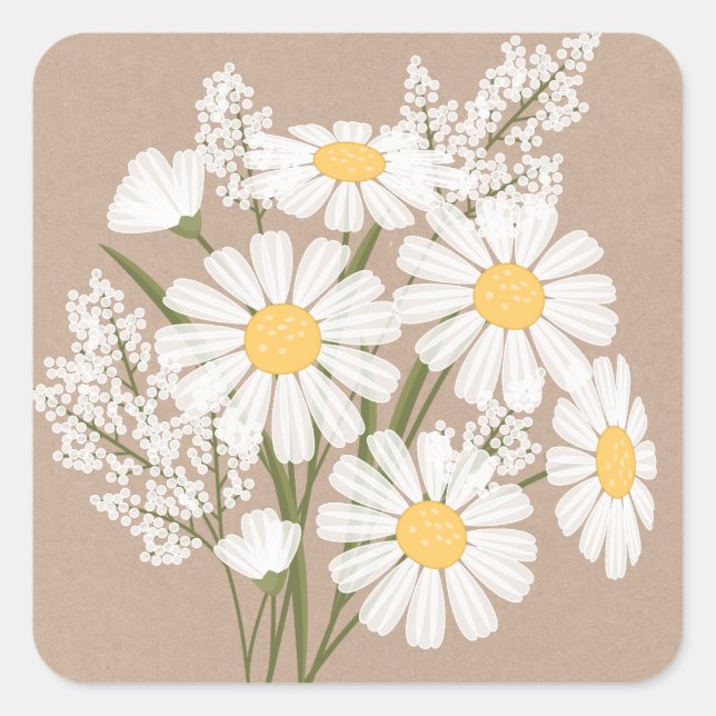 Elegant Floral White Daisies on Beige Wedding Square Sticker (Front)