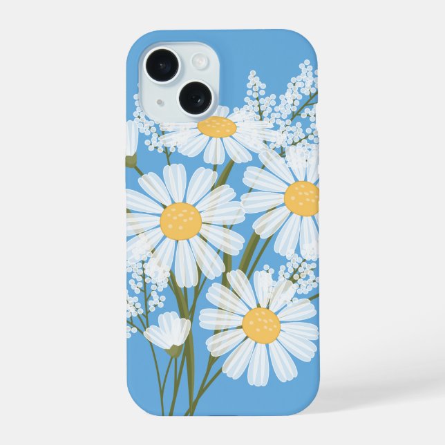 Elegant Floral White Daisies on Blue iPhone 15 Case (Back)