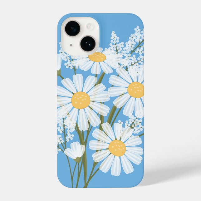 Elegant Floral White Daisies on Blue iPhone Case (Back)