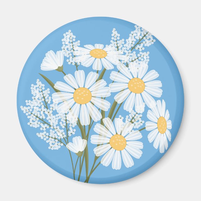 Elegant Floral White Daisies on Blue Magnet (Front)