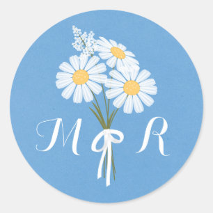 Elegant Floral White Daisies on Blue Monogram Classic Round Sticker