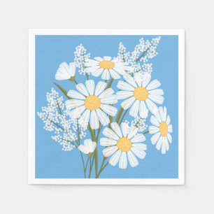 Elegant Floral White Daisies on Blue Napkin