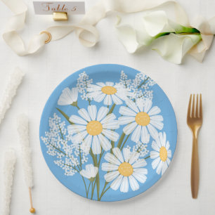 Elegant Floral White Daisies on Blue Paper Plate