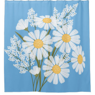 Elegant Floral White Daisies on Blue Shower Curtain